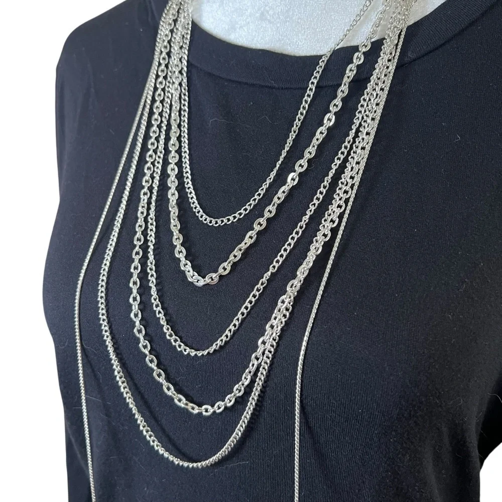 Silver Tone Layered Chain Necklace Long Turquoise Boho Elegant Dressy Draped 20s